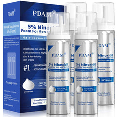 Pdam Minoxidil foam bottle pour showing easy dosing for scalp care