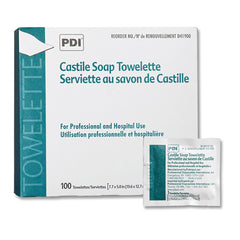 PDI Castile Soap Towelettes box with 100 individually wrapped wipes for convenient hygiene.