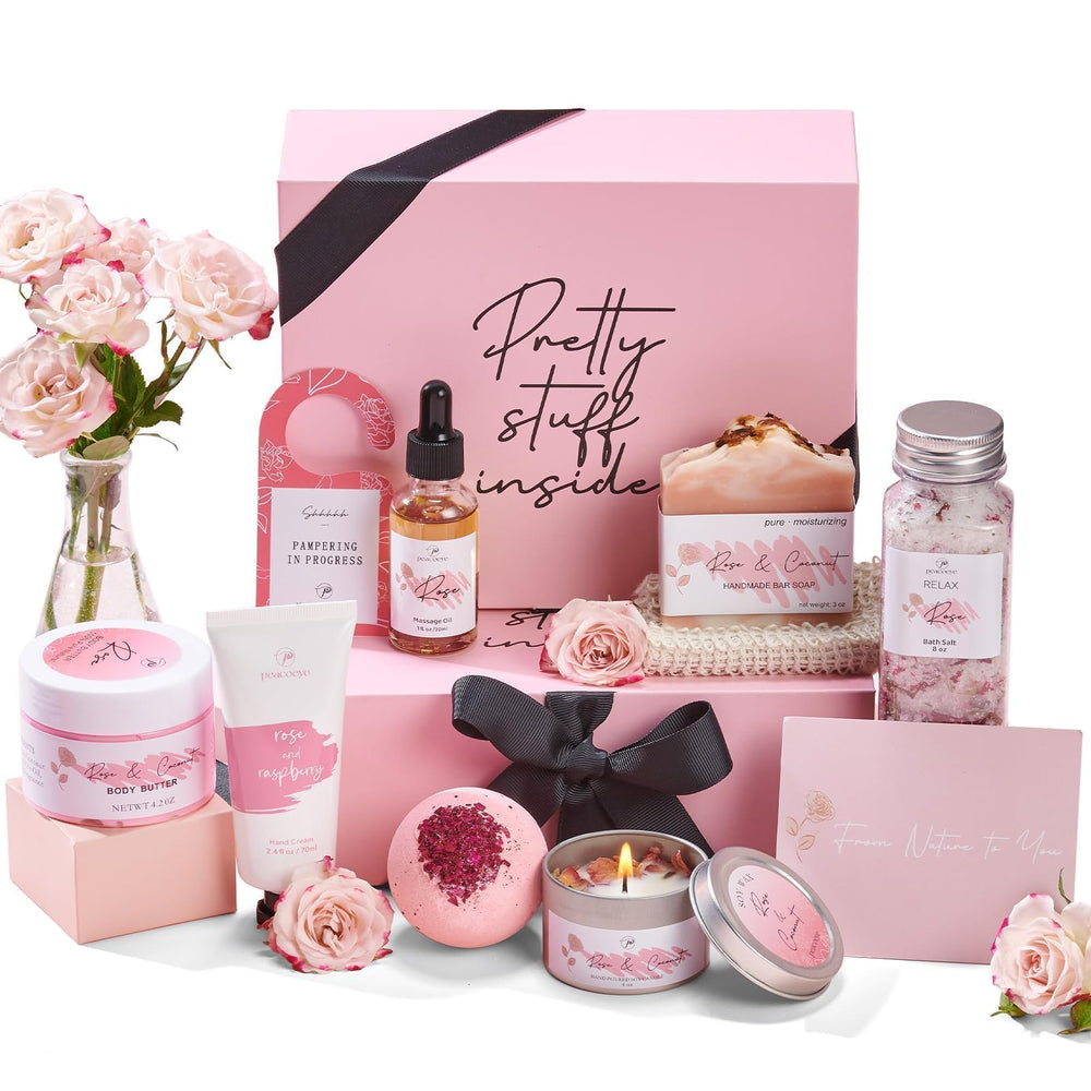 Peacoeye caja-regalos-spa con vela rosa y sales para relajación en casa.