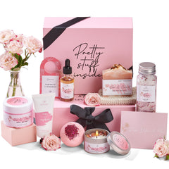 Peacoeye caja-regalos-spa con vela rosa y sales para relajación en casa.