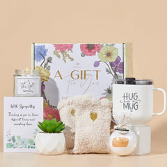 Peacoeye hug mug in gift set, ideal for comforting moments after loss