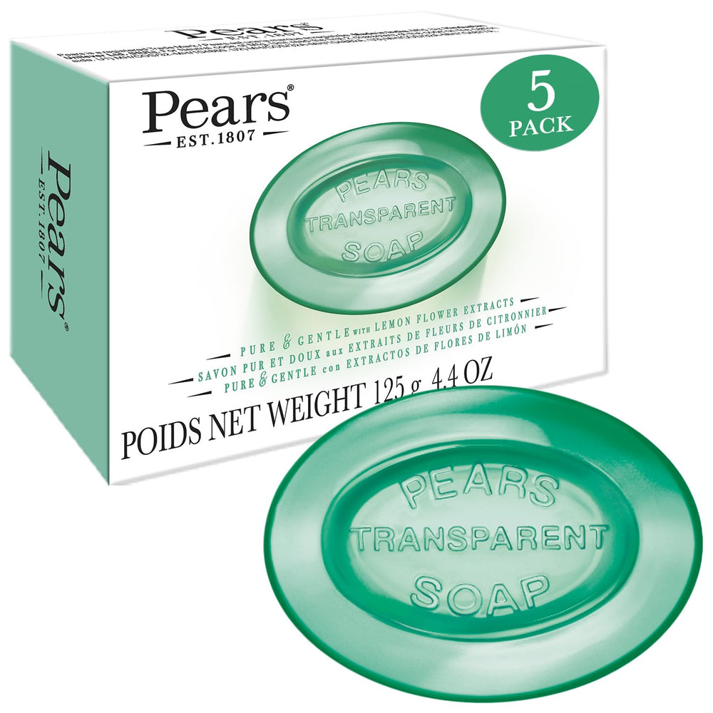 Jabon Pears transparente verde, muestra textura suave y glicerina para piel hidratada.