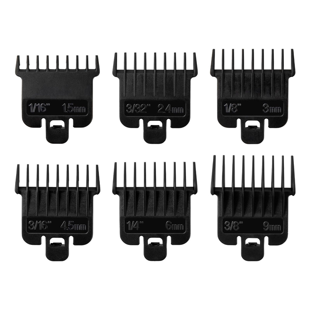 Perfitech 6-piece guard set showing 1/16 to 3/8 inch lengths for precise fades.