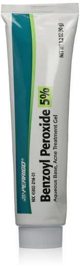 Perrigo benzoyl peroxide 5% gel tube for at-home acne care.