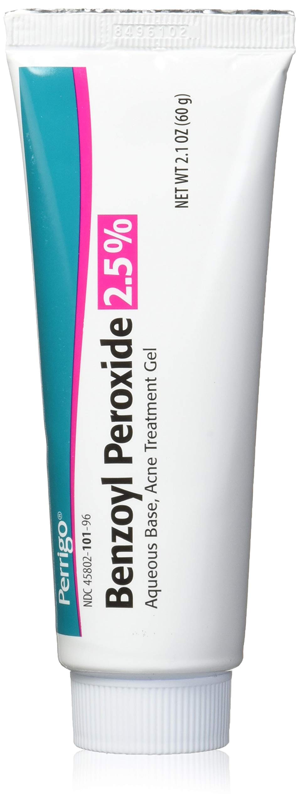 Perrigo 2.5% benzoyl peroxide gel 60g tube, main view, targeted acne-prone areas.