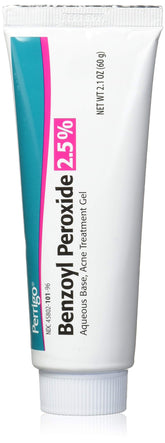 Perrigo 2.5% benzoyl peroxide gel 60g tube, main view, targeted acne-prone areas.