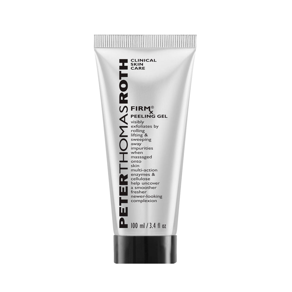 Peter Thomas Roth FIRMx Peeling Gel bottle close-up showing exfoliation action.