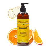 Pharmacopia Citrus Shampoo bottle front with vibrant citrus label for a refreshing cleanse