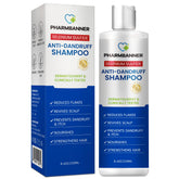 PHARMBANNER anti-dandruff shampoo bottle highlights a medicated formula for a cleaner scalp.