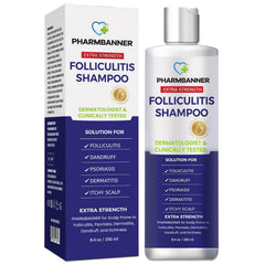 PHARMBANNER anti-fungal shampoo bottle highlighting natural formula for itchy scalp relief.