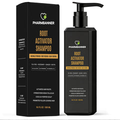 PHARMBANNER Root Activator Shampoo for Men bottle front showing sulfate-free formula.