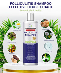PHARMBANNER shampoo close-up shows creamy lather designed for seborrheic dermatitis care.