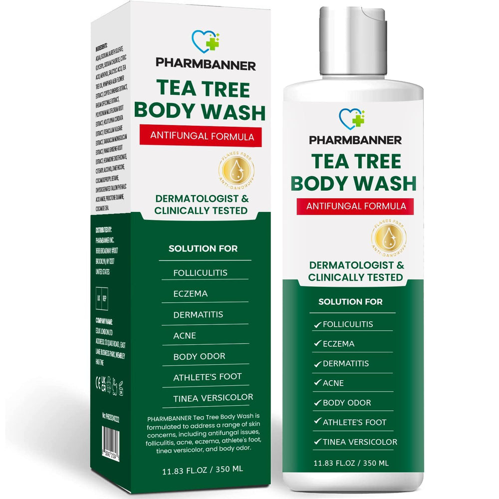 PHARMBANNER Tea Tree antifungal bottle pump showing quick cleansing and skin comfort