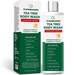 PHARMBANNER Tea Tree antifungal bottle pump showing quick cleansing and skin comfort