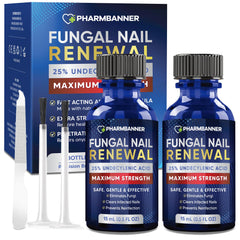 PHARMBANNER bottle of toenail fungus treatment highlighting the 25% undecylenic acid formula.