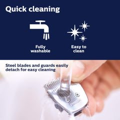 Philips Norelco Multigroom 3000 detachable guards for quick cleaning.