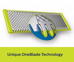 Philips OneBlade dual-sided blade cuts up and down for faster, cleaner lines.