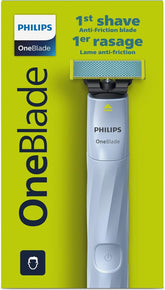 Philips OneBlade First Shave front view shows teen-friendly ergonomic design for quick shaves.