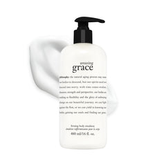 Philosophy Amazing Grace firming body emulsion bottle showcases bergamot and muguet notes for daily hydration.