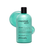 philosophy Coconut Splash Shower Gel bottle on bathroom shelf for hydrating cleanse
