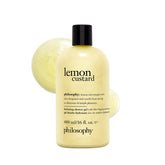 Philosophy Lemon Custard Shower Gel bottle on a bathroom shelf with rich hydration and bright citrus scent