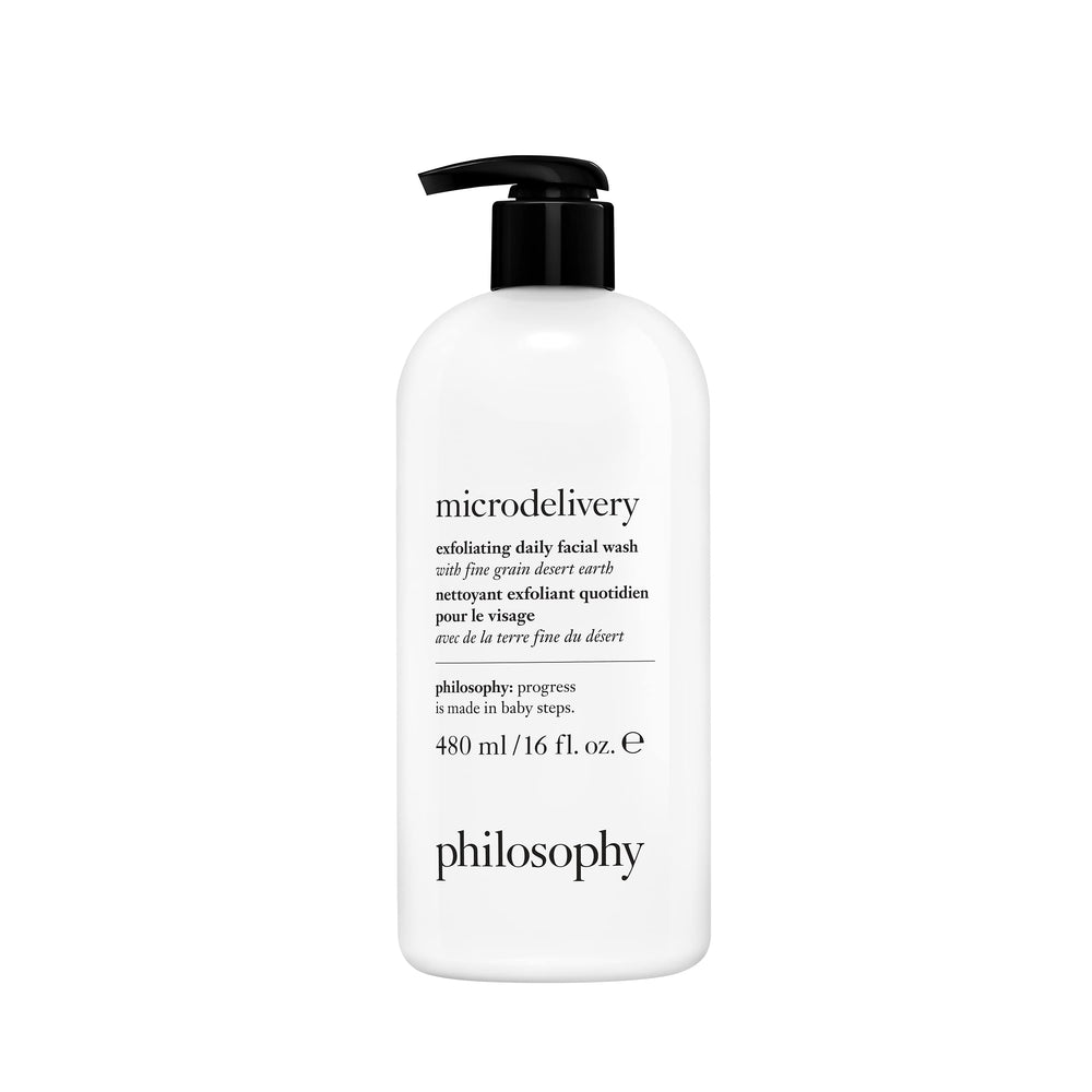 Philosophy Microdelivery exfoliating face wash bottle shows a gentle daily polish for radiant skin