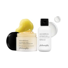 Philosophy Microdelivery two-step packets displayed, highlighting a streamlined, weekly exfoliation ritual