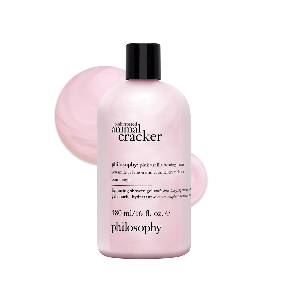 Philosophy pink frosted animal cracker shower gel bottle closeup highlighting hydrating formula for dry skin