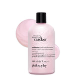 Philosophy pink frosted animal cracker shower gel bottle closeup highlighting hydrating formula for dry skin