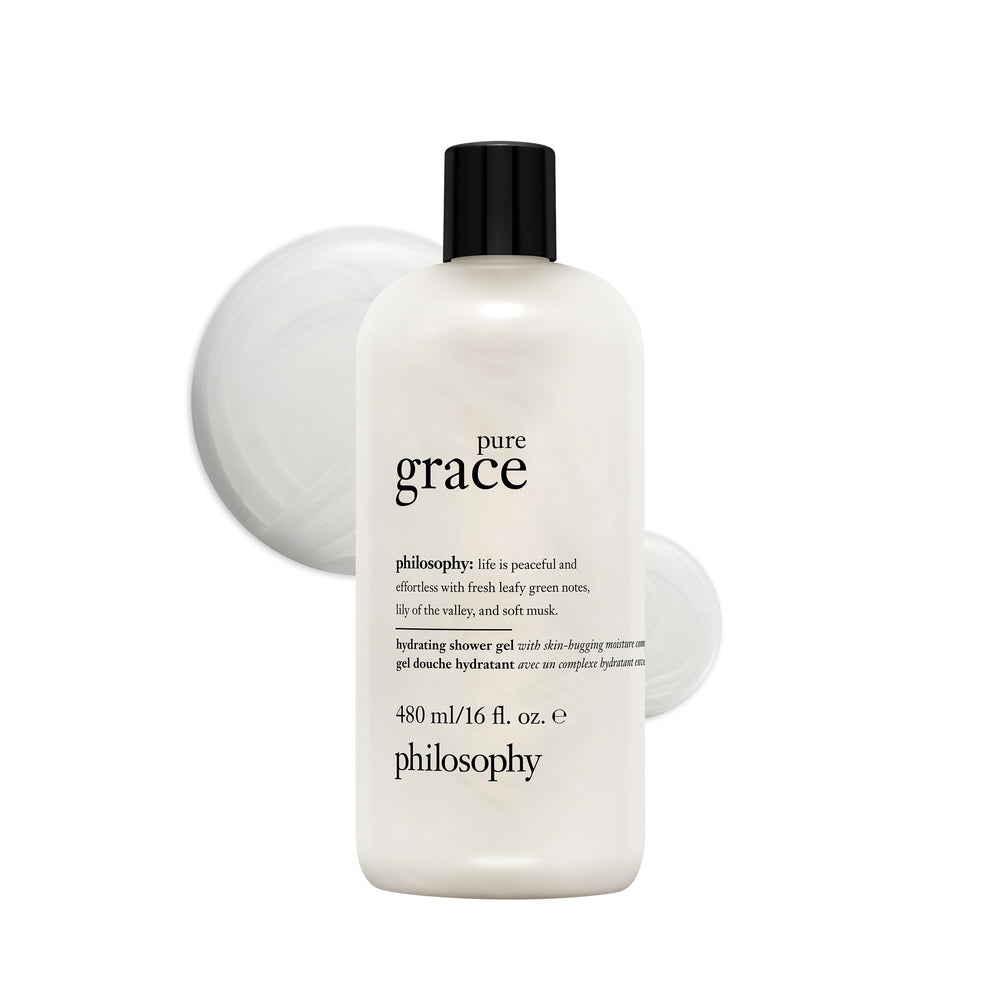 Philosophy Pure Grace bottle pour, delivering a refreshing cleanse with airy scent.