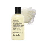 Philosophy Purity Made Simple cleanser bottle on counter for daily hydrating cleanse.