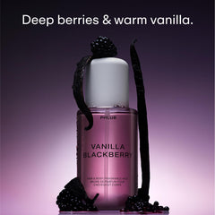 PHLUR Vanilla Blackberry Body Mist spray top highlighting easy misting for hair or skin.