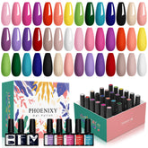 Kit Phoenixy con 21 esmaltes gel morados para manicuras versátiles.