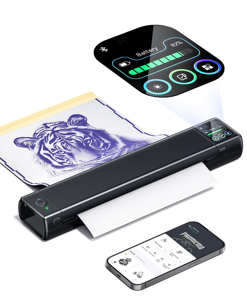 Phomemo M08F Plus front view showing compact tattoo stencil printer