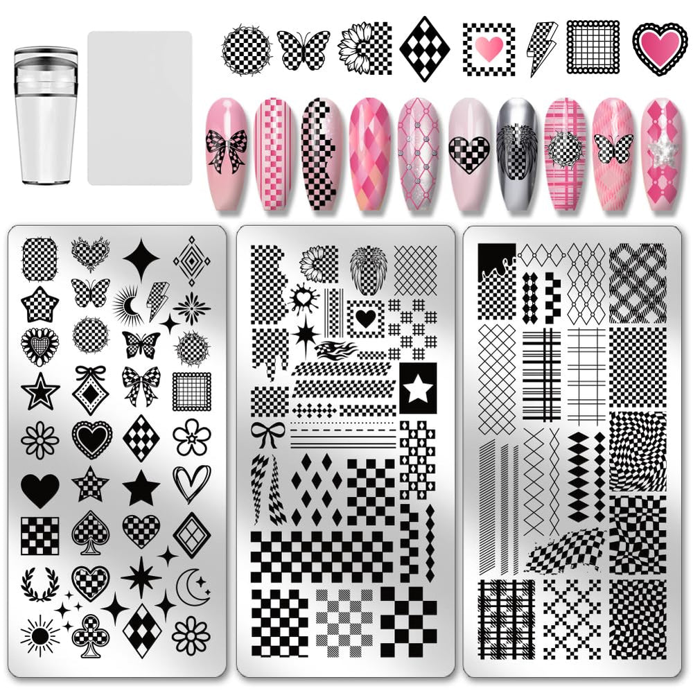 PH PandaHall plaid nail stamping plate for chic checkerboard manicure at home.