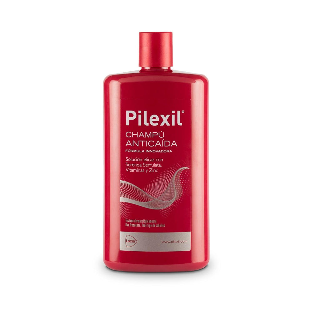 PILEXIL anti-hair loss shampoo bottle highlighting zinc formula for fuller-looking hair