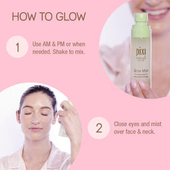 Pixi Glow Mist acabado húmedo, deja tono radiante sin sensación pesada durante el día.