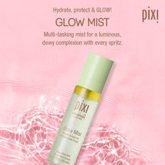 Pixi Glow Mist atomizador, aplica igualmente sobre rostro y cabello para un brillo sutil y refrescante.