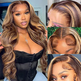 Pizazz Honey Blonde Lace Front Wig 24-Inch closeup shows natural hairline for a seamless look.