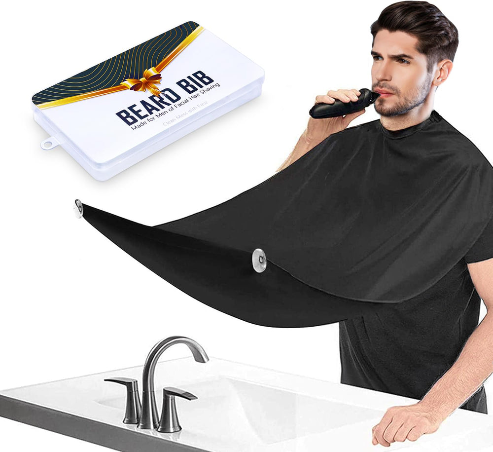 PLACHIDAY Beard Bib Apron neck-attachment shows quick setup for mess-free grooming.
