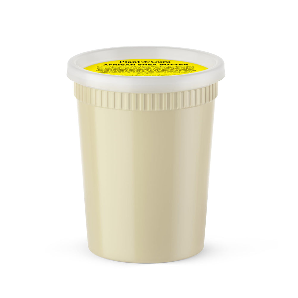 Plant Guru manteca karité cruda 32 oz en envase, hidratación natural para la piel.