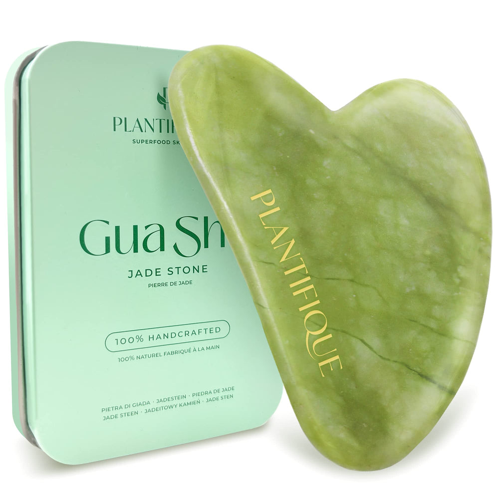 PLANTIFIQUE Gua Sha tool on jade stone, soothing facial tension for smoother skin