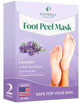 PLANTIFIQUE Lavender Foot Peel Mask packaging showing soothing lavender for pampering foot care