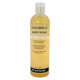 Plantlife lavado corporal patchouli, botella visible, aroma calmante para uso diario.
