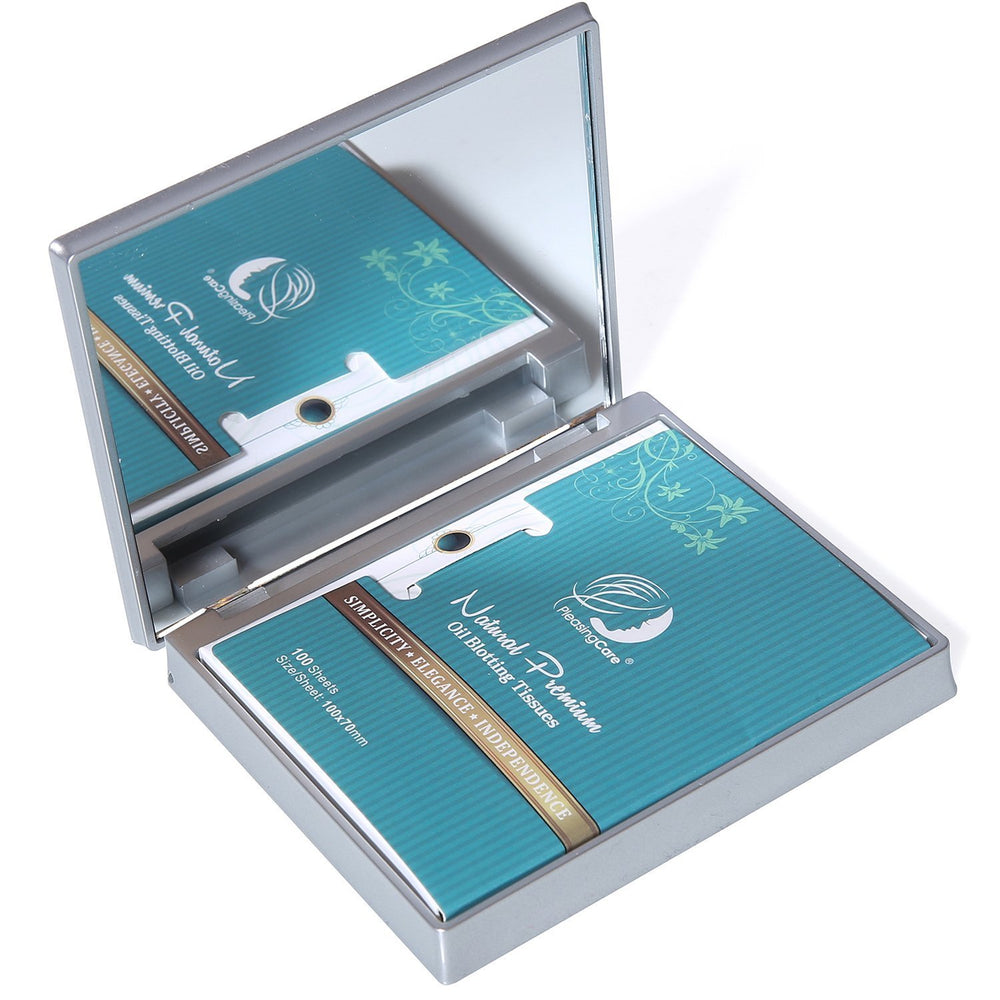 PleasingCare makeup mirror with bamboo charcoal blotting sheets in compact travel design