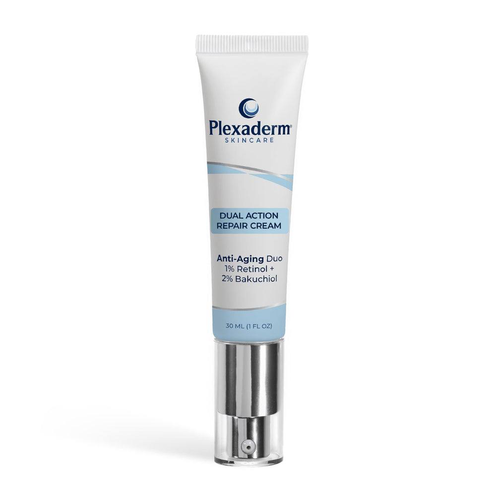 Plexaderm Dual Action Repair Neck Cream bottle close-up showing the premium neck care formula.