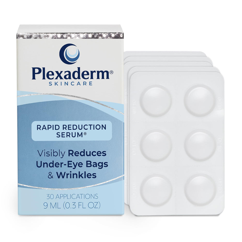 Plexaderm Rapid Reduction Eye Serum bottle closeup showing sleek packaging and smooth texture