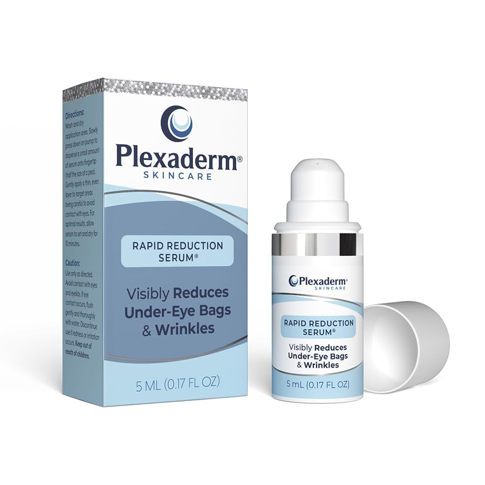 Plexaderm Rapid Reduction Eye Serum bottle close-up with pump for easy, mess-free application.