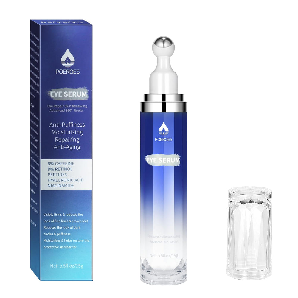 POEROES eye serum bottle with 360° roller for brighter under-eye appearance.