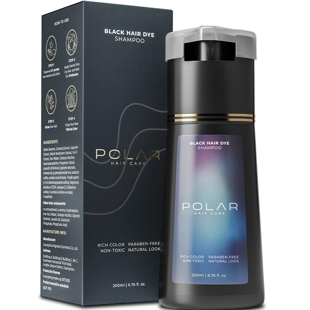 Polar Hair Care jet black dye shampoo in action for fast gray coverage.